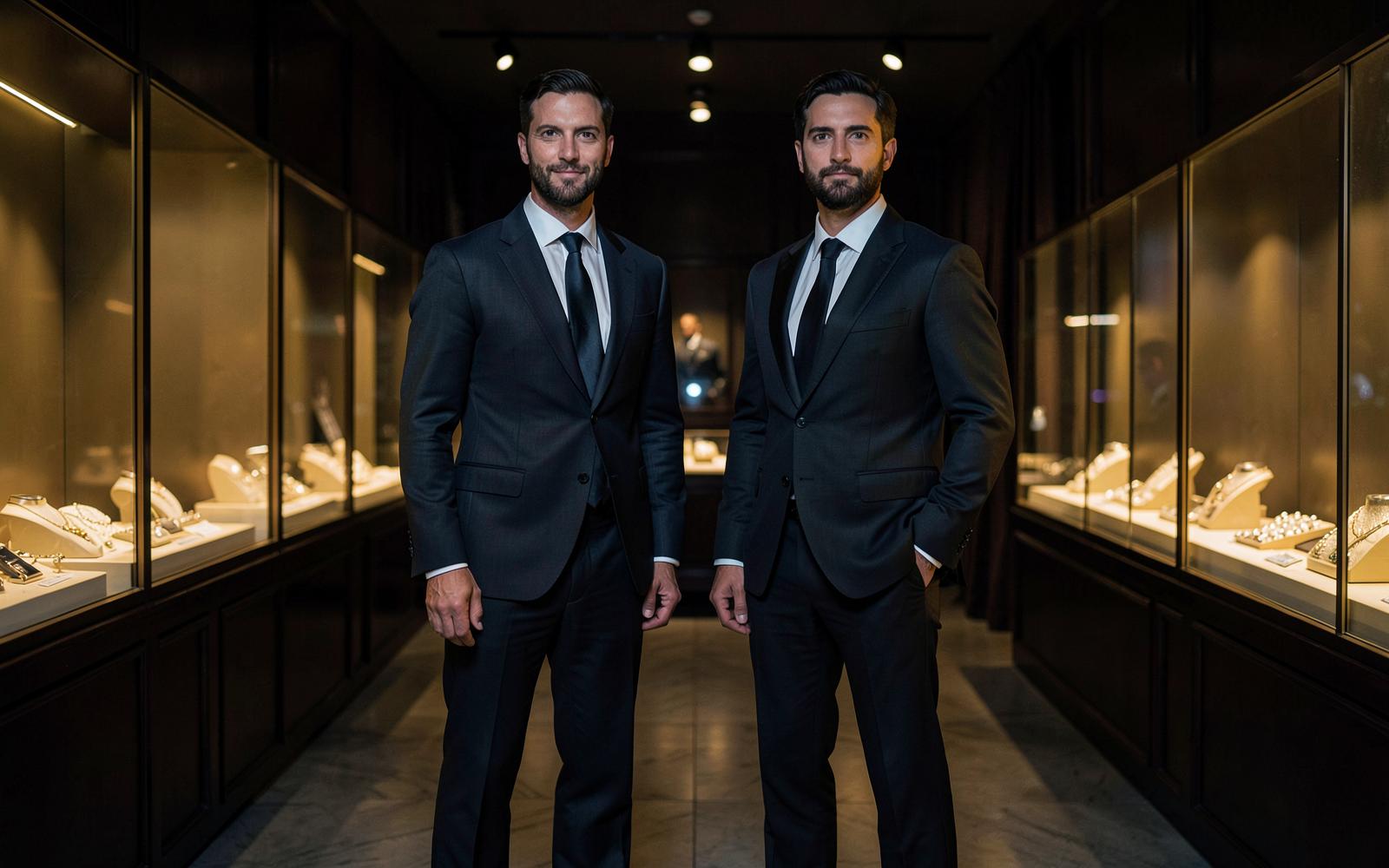 Two men in dark suits standing in a luxury jewelry showroom